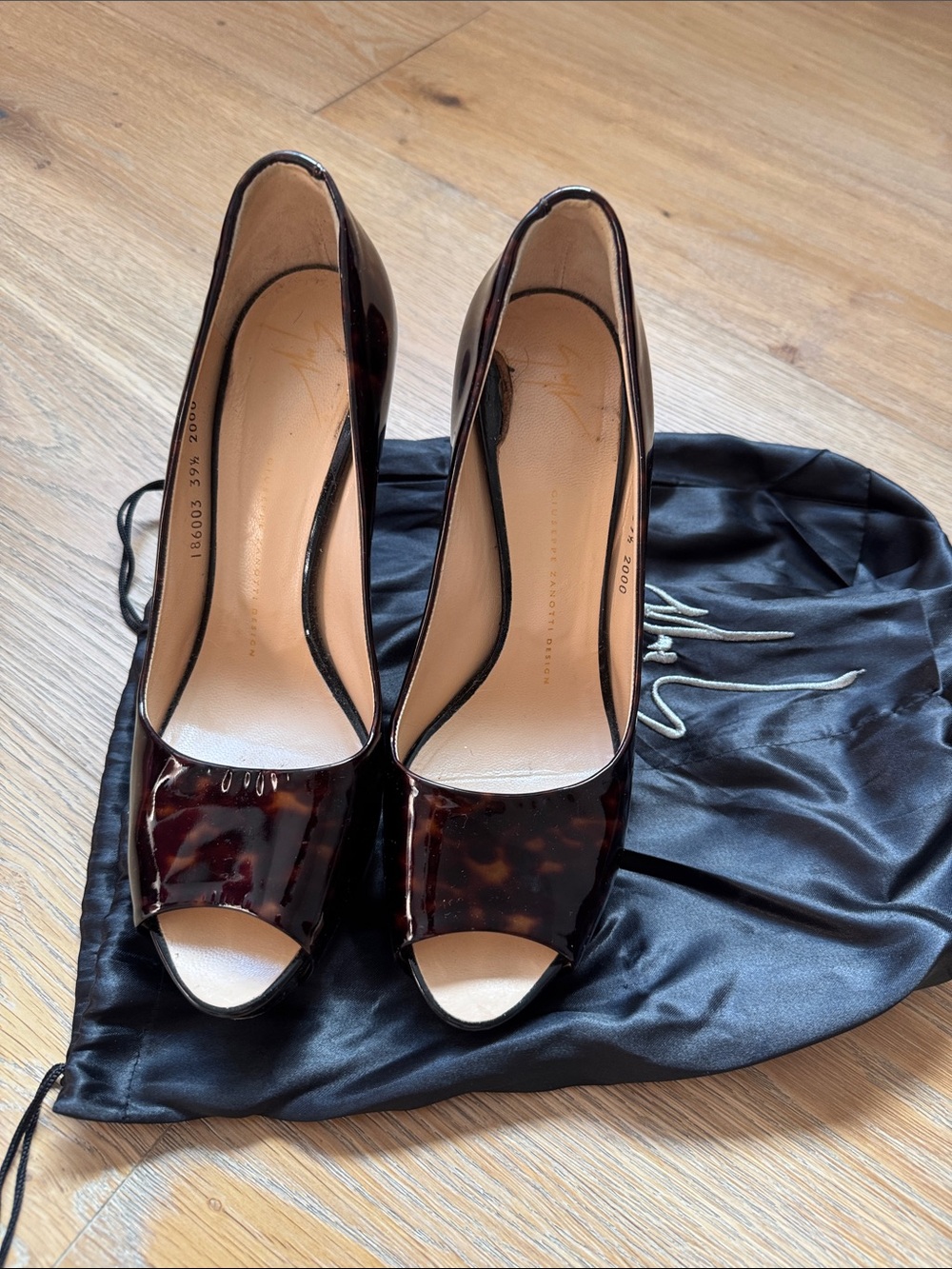 Giuseppe Zanotti Tortoiseshell Patent Leather Peep-Toe Heels
